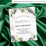 Flyer Aniversário eucalipto verde convite orçamental<br><div class="desc">Por favor, note que este convite está no papel de folheto e é muito fino. Os envelopes não estão incluídos. Para convites mais espessos (mesmo design) visite nossa loja. Para uma festa de aniversário de 40ª (ou qualquer idade). Um fundo branco decorado com verde de eucalipto e folhas de ouro.Decorado...</div>