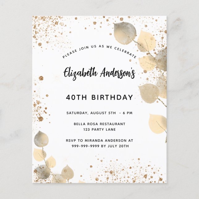 Flyer Aniversário eucalyptus foliage gold convite para o (Frente)