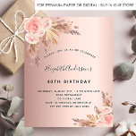 Flyer Aniversário rosa dourado pampas floral convite<br><div class="desc">Por favor, note que este convite está no papel de folheto e é muito fino. Os envelopes não estão incluídos. Para convites mais espessos (mesmo design) visite nossa loja. Para uma festa de aniversário moderna estilo boho 40th (ou qualquer idade). Um fundo rosa dourado. Decorados com ouro rosa e flores,...</div>