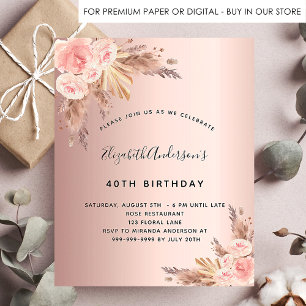Flyer Aniversário rosa dourado pampas floral convite