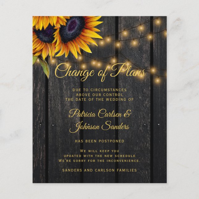 Flyer Anúncio de adiamento de casamento de girassóis eco (Frente)