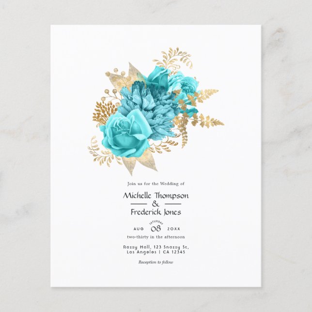 Flyer Aqua e Dourado Convite Floral para Casamento (Frente)