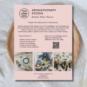Flyer Aromaterapia Logotipo Spa Promocional Rosa QR