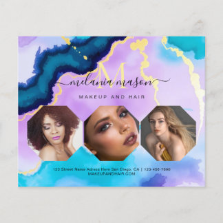 Flyer Artista de Maquiagem Ágata Roxo Turquesa Aquarela