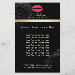 Flyer Artista de Maquiagem Lábios Vermelhos Floral Preto