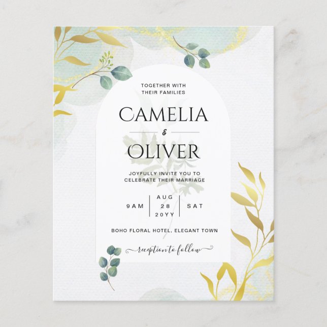 Flyer Arty Greenery Dourado Convite para Casamento (Frente)