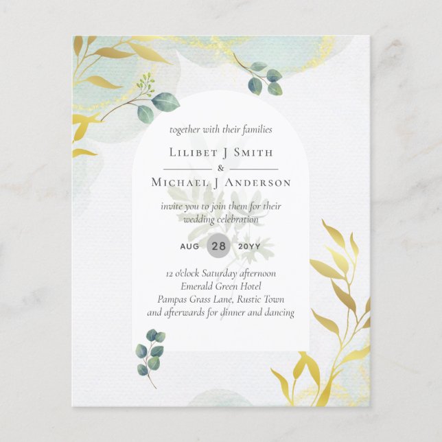 Flyer Arty Greenery Dourado Convite para Casamento (Frente)