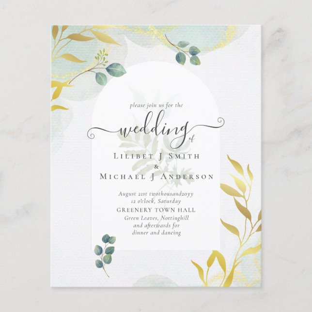 Flyer Arty Greenery Dourado Convite para Casamento (Frente)