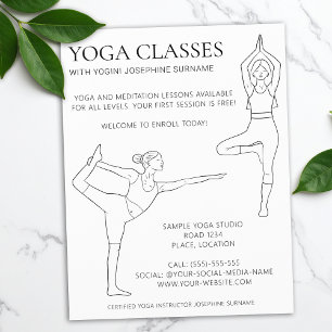 Flyer Aulas de Yoga Arte de Linha Preta Simples Moderna 