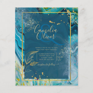 Flyer Azul de Pavão Dourado INK Casamento Abstrato