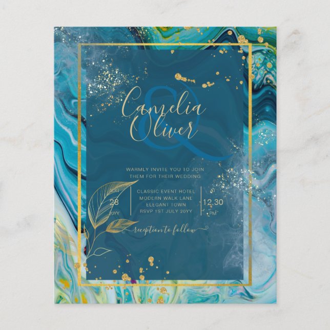 Flyer Azul de Pavão Dourado INK Casamento Abstrato (Frente)