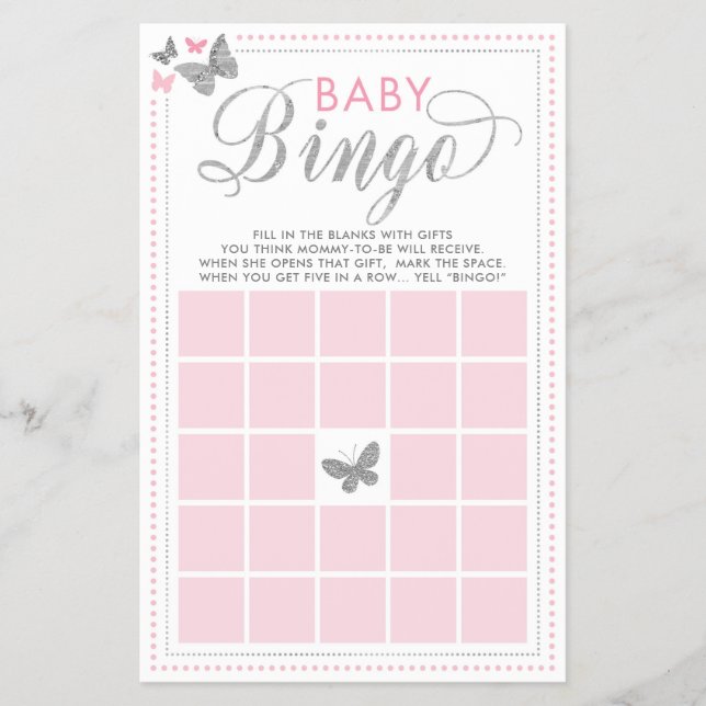 Flyer Baby Bingo, Jogo de Chá de fraldas de Borboleta (Frente)