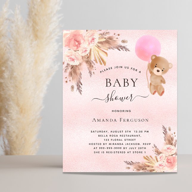Flyer Baby shower girl pampas teddy budget invitation (Criador carregado)