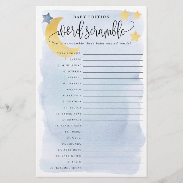 Flyer Baby Word Scramble, Blue Over Moon Paper Game Card (Frente)
