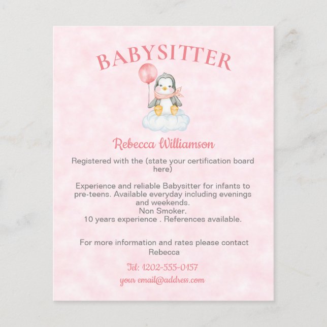 Flyer Babysitter Nanny Cute Penguei Business (Frente)