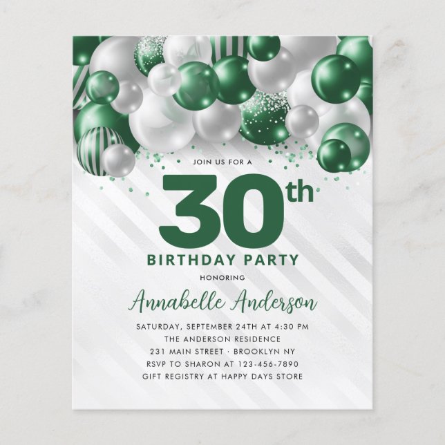 Flyer Baixo Glam Verde Silver Balão Brilhante Aniversári (Frente)