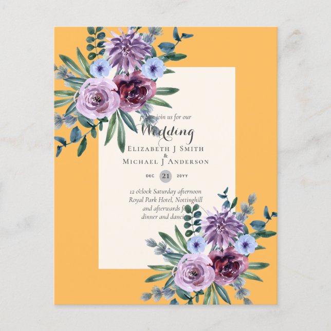 Flyer BAIXO ORÇAMENTO Convites para Casamento Plum Flora (Frente)