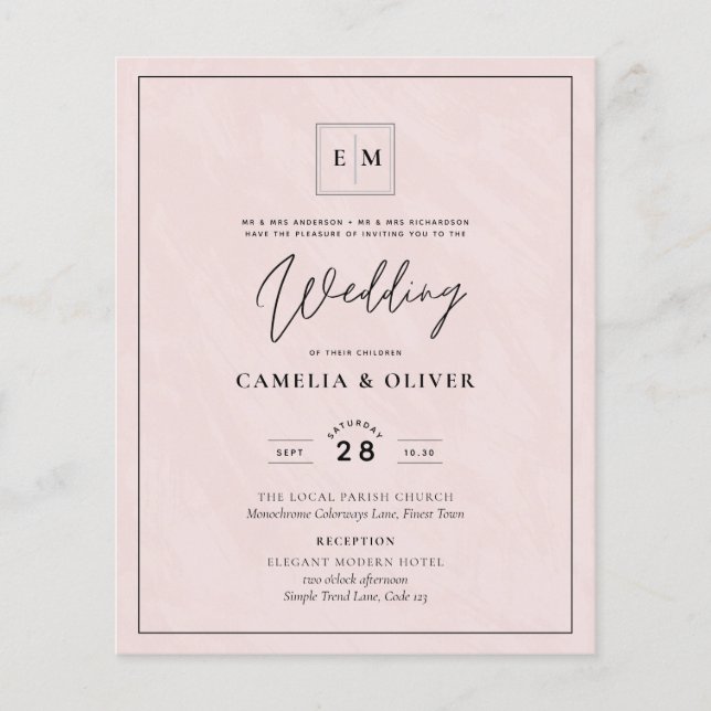 Flyer BAIXO ORÇAMENTO Todos-em-1 Casamento Rosa Monogram (Frente)