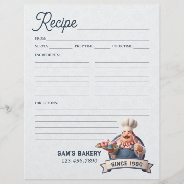 Flyer Bakery Pastry Chef Baking Recipe Page Cookbook (Frente)