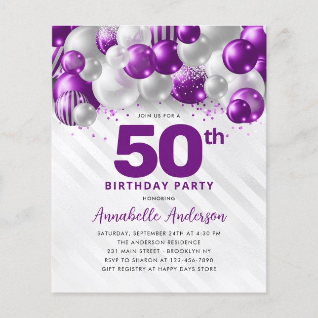 Flyer Balão de Prata Púrpura Barato Brilhante 50º Aniver (Frente)