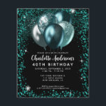Flyer Balão Verde Verde Verde-Teto-Brilhante Aniversário<br><div class="desc">Convocação de Aniversário para o Elegante Elegante Negra Verde-Teal Negra-Brilhante Balão de Balão Elegante</div>