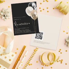 Flyer Balões de PAPEL Dourado QR Quinceañera Black Invit