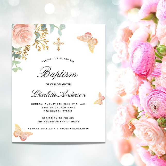 Flyer Baptism, borboleta floral, rosa orçamental (Criador carregado)