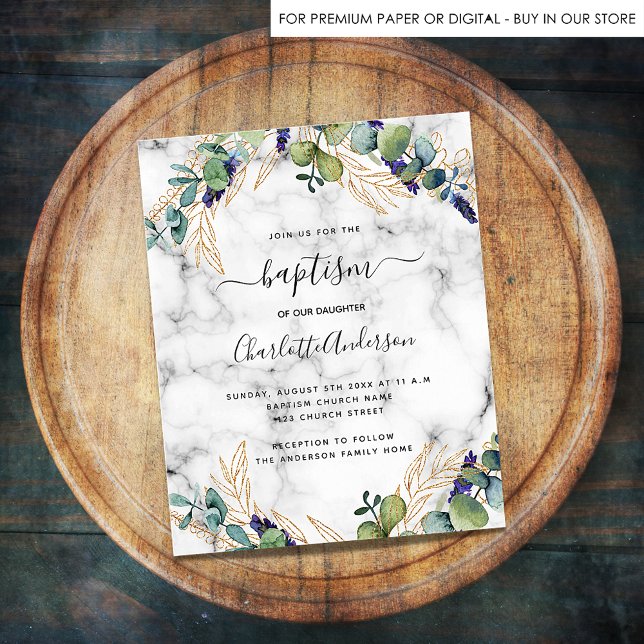 Flyer Baptism eucalyptus gold marble budget invitation (Criador carregado)