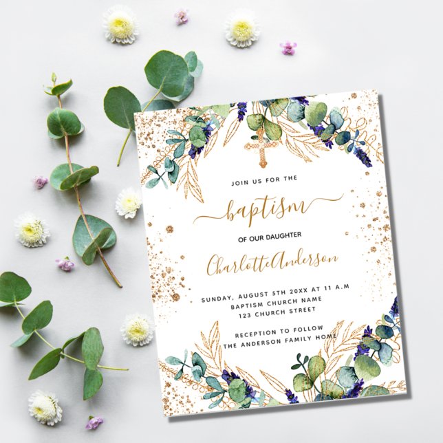 Flyer Baptism eucalyptus greenery gold budget invitation (Criador carregado)