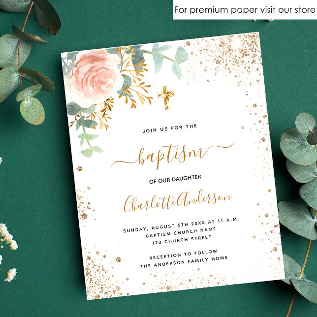 Flyer Baptism eucalyptus rosa floral convite orçamental (Criador carregado)