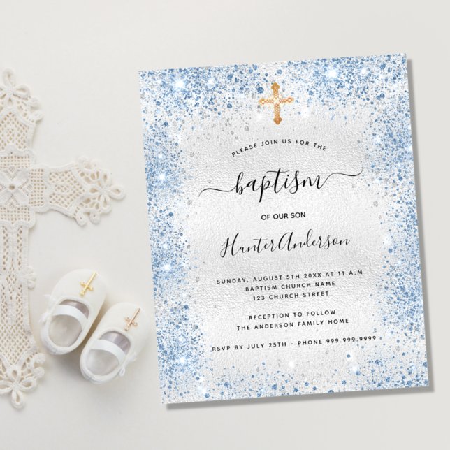 Flyer Baptism silver glitter blue boy budget invitation (Criador carregado)