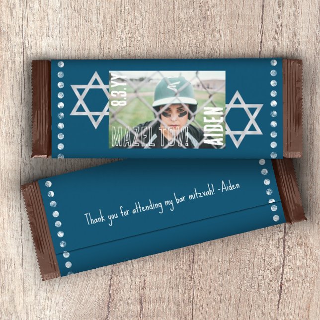 Flyer Bar Azul Mitzvah Orçamento Bar Docente Wrapper com (DIY Budget Personalized Blue Bar Mitzvah Candy Bar Wrapper with Photo, Stars of David)