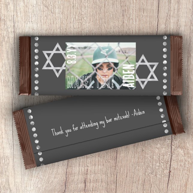 Flyer Bar Mitzvah Orçamento Bar Doces Wrapper com Estrel (DIY Budget Personalized Gray Bar Mitzvah Chocolate Candy Bar Wrapper with Photo, Stars of David)