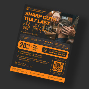 Flyer Barbearia Laranja Preto Promoção Barbeiro Elegante