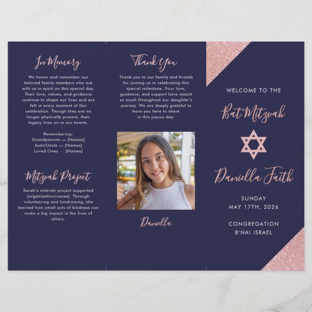 Flyer Bat Mitzvah Tri-Fold Program Navy Rose Gold  (Frente)