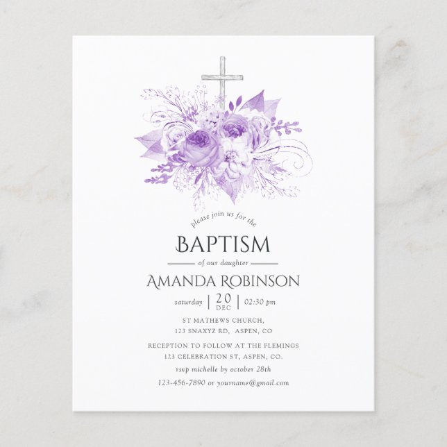 Flyer Batismo Floral Lilac e Silver ou Christening (Frente)