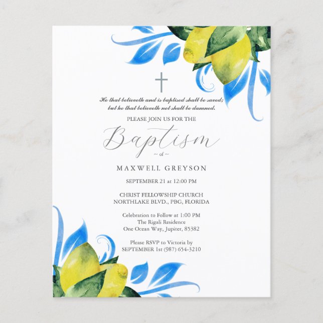 Flyer Batismo Orçamental Convites Limões Religiosos (Frente)