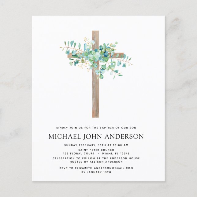Flyer Batismo orçamental Verde Sage Eucalyptus (Frente)