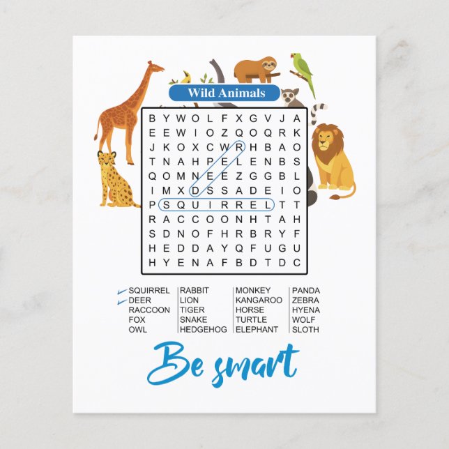 Flyer Be Smart – Wild Animals Word Search (Frente)