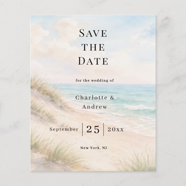 Flyer Beach coastal modern wedding budget Save the Date (Frente)