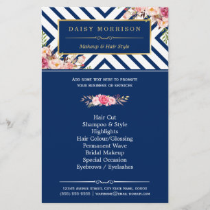 Flyer Beauon Salon Vintage Floral Marinho Blue Stripes