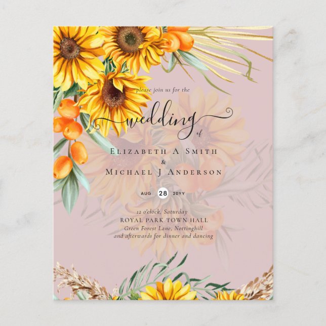 Flyer Beautiful Rustic Sunflowers Pampas Grass Wedding F (Frente)