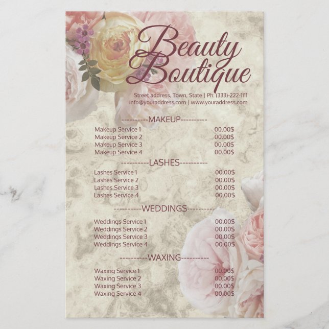 Flyer Beautique Boutique Cream Flower Elegant Price List (Frente)