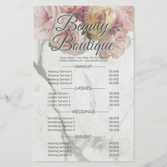 Flyer Beautique Boutique Marble Flower Price List (Frente)