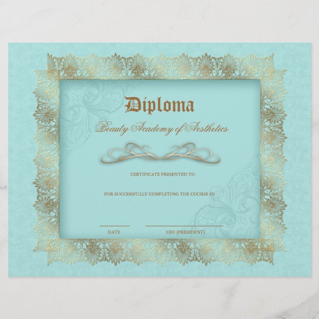 Flyer Beauty School Diploma Blue Gold Lace Frame (Frente)