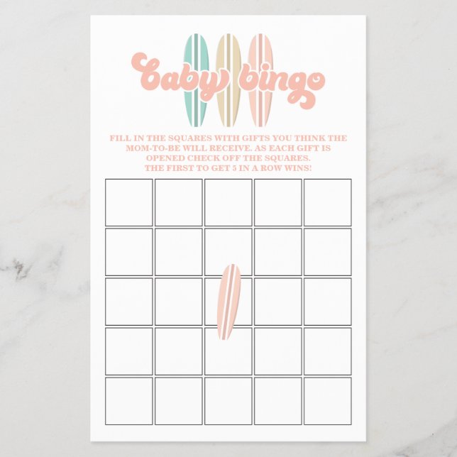 Flyer Bebê no Conselho Surfing Chá de fraldas Bingo Flye (Frente)