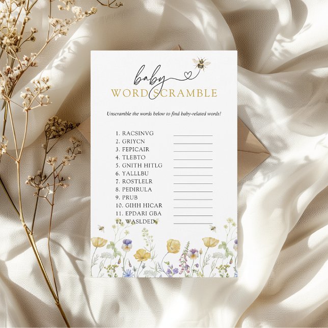 Flyer Bebê Palavra Scramble Bebê Chá de fraldas de flor  (baby word scramble mama to bee wildflowers fun baby shower game)