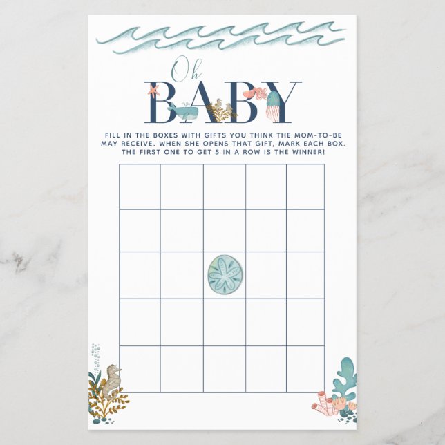 Flyer Bebê sob o jogo do Bingo do Chá de fraldas do Mar (Frente)