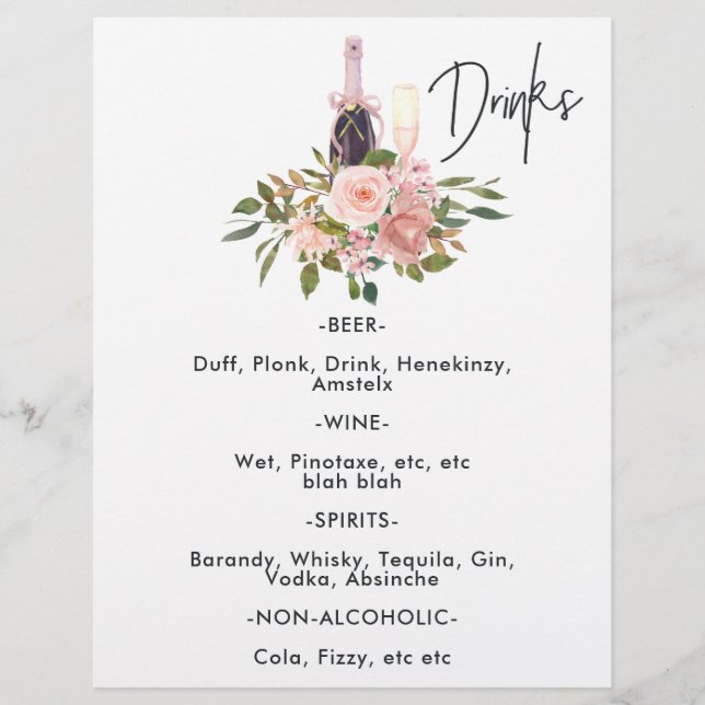 Flyer Bebidas para Chá de Bebê Floral em Rosa Dourado e  (Frente)