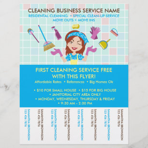 Flyer Bilhetes de Limpeza Janitorial Publicidade Dama de